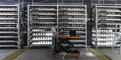A mining farm is shown operating in a mountainous region, with cables and cooling systems visible.